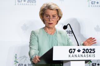 President of the European Commission Ursula von der Leyen speaks during a press conference during the G7 Leaders' Summit in Kananaskis, Alberta, Canada